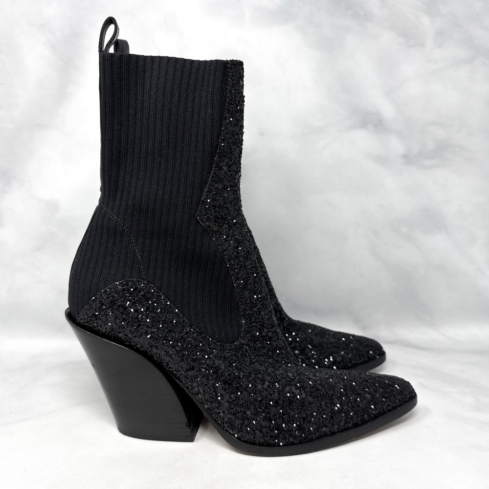 Jimmy Choo Mele Glitter 85 Chelsea Stretch Knit Block Heel Ankle Boots Black 36